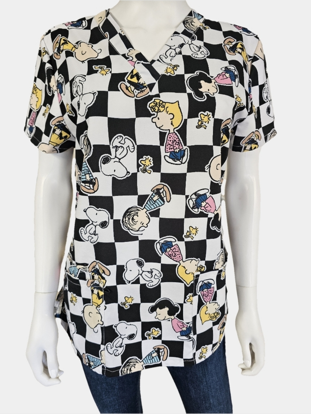 Peanuts V-Neck Short Sleeve Checked Snoopy And Friends Medical Scrub Top Size S